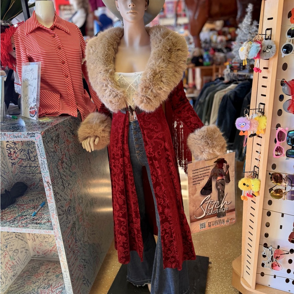 Custom Velvet coat with fur trim and fringe sleeves
